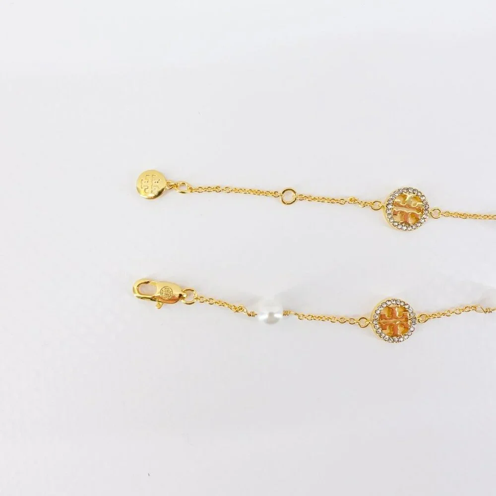 Tory Burch Crystal Logo & Imitation Pearl Station Bracelet Ivory/Tory Gold OS
